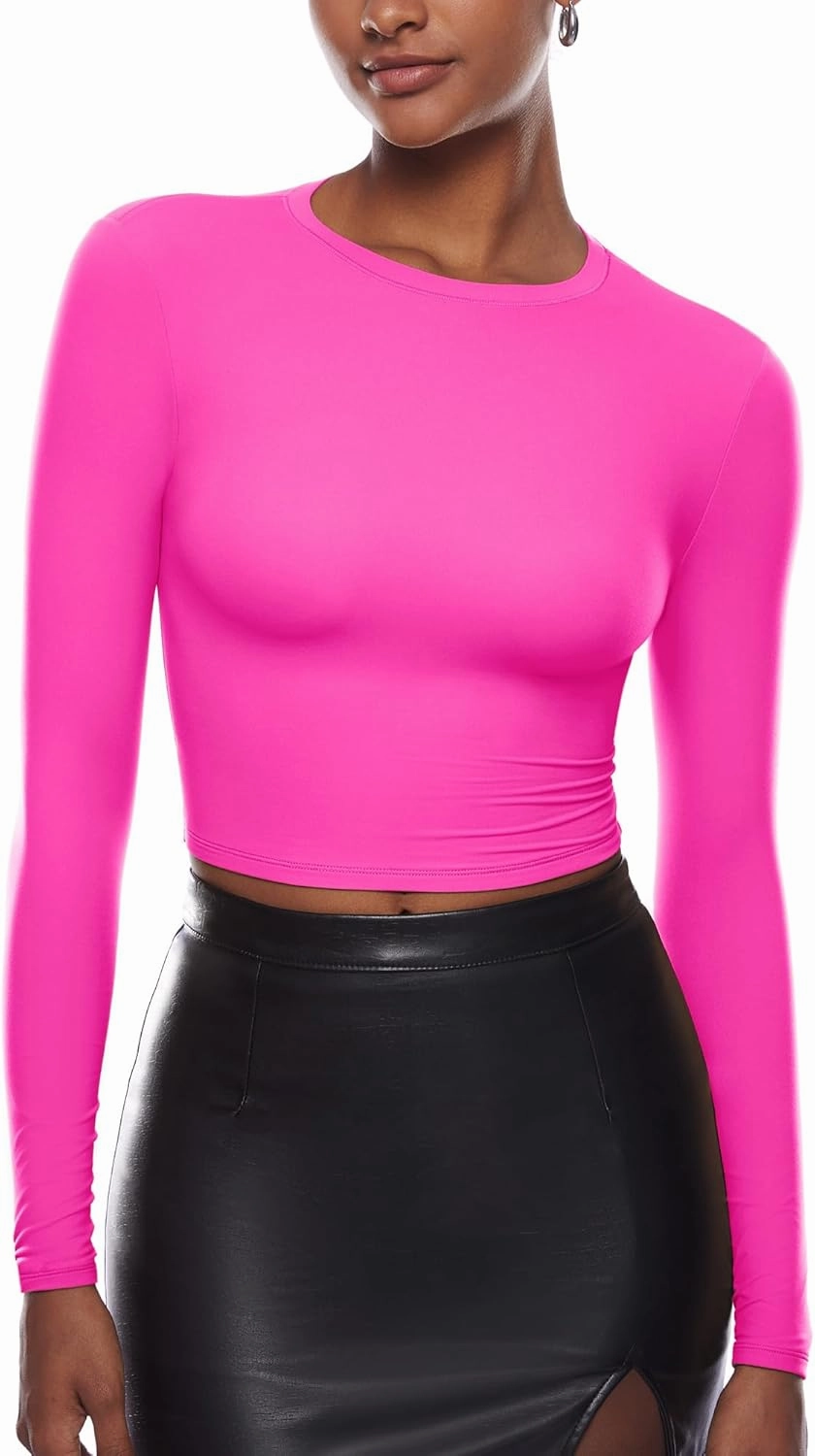 INLYRIC Women's Inbarely Soft Long Sleeve Tops Crew Neck Slim Fit Double Lined Basic Casual Going Out Y2K Tees Shirts