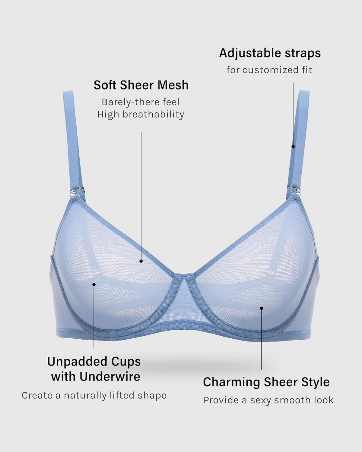 INLYRIC Women's Sheer Demi Balconette Bra - Sexy Mesh Unlined Underwire See Through Demi Bras