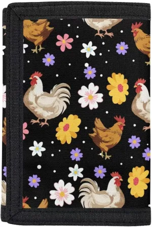 INSTANTARTS Chicken Hippie Flower Canvas Wallet for Teen Kids Girls Trifold Money Bag Portable Coin Purse Coin Storage Bag