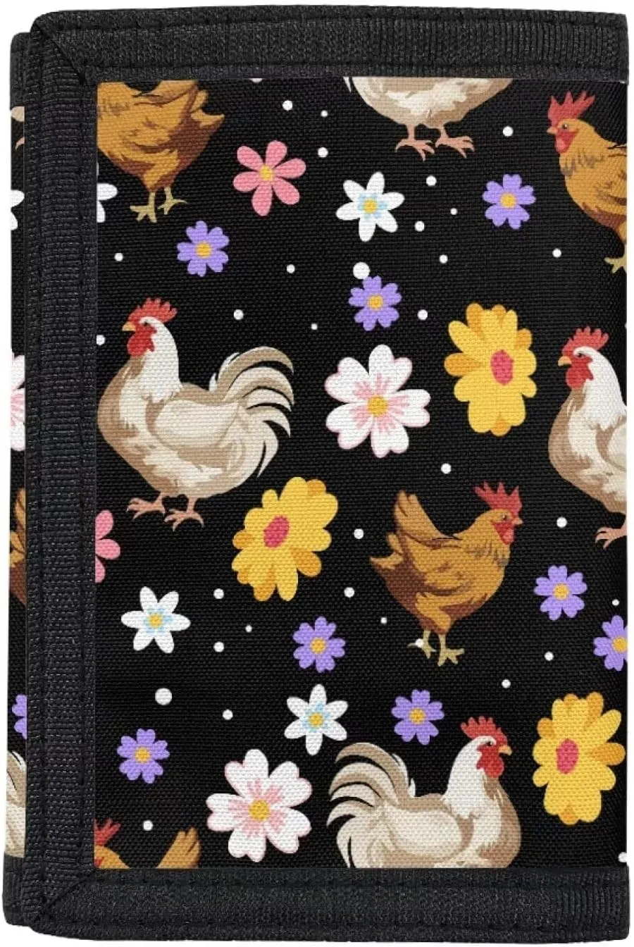 INSTANTARTS Chicken Hippie Flower Canvas Wallet for Teen Kids Girls Trifold Money Bag Portable Coin Purse Coin Storage Bag