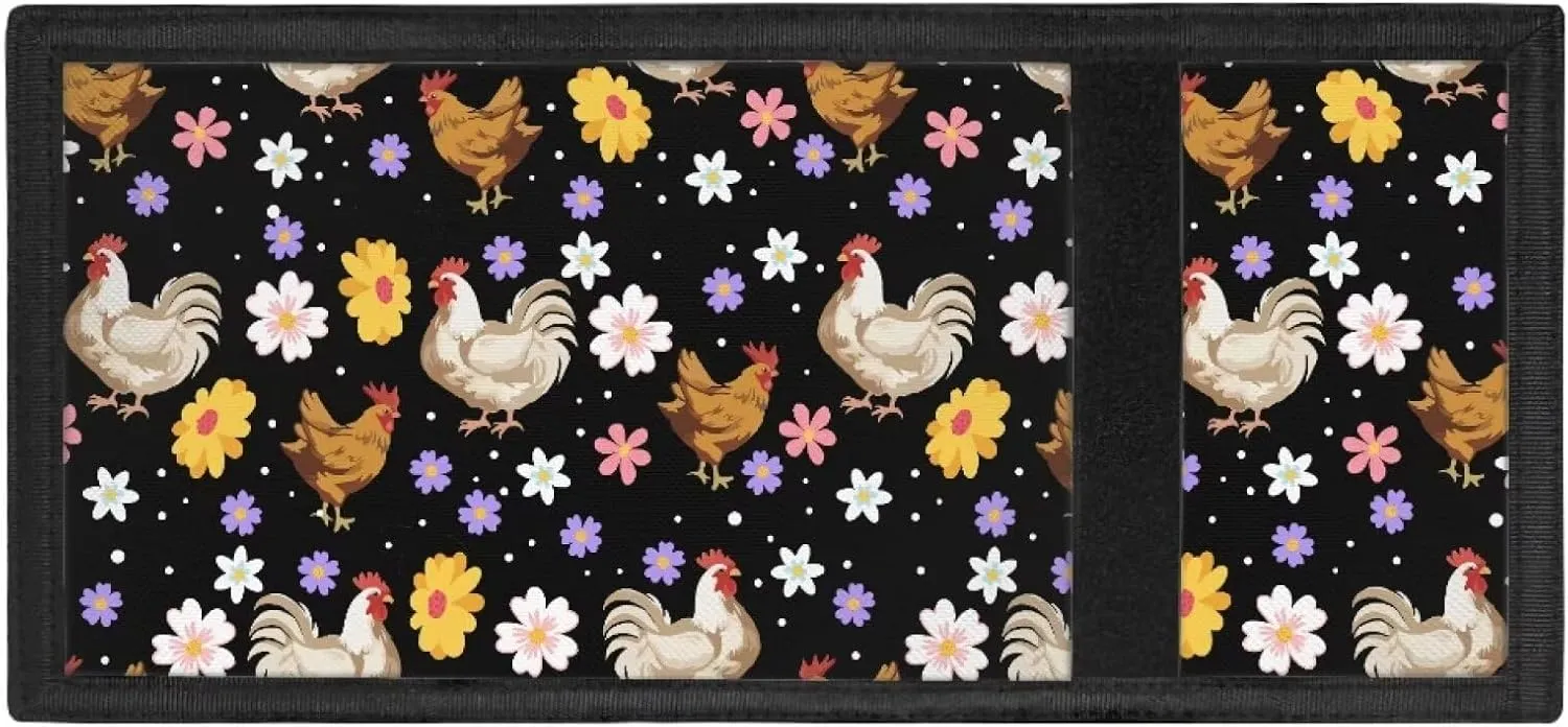 INSTANTARTS Chicken Hippie Flower Canvas Wallet for Teen Kids Girls Trifold Money Bag Portable Coin Purse Coin Storage Bag