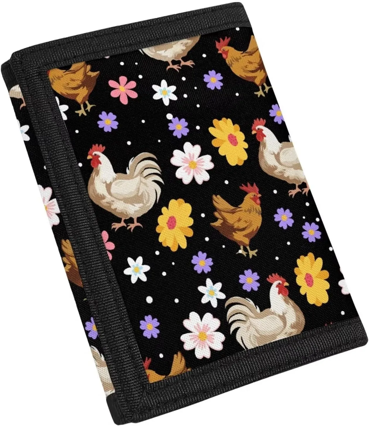 INSTANTARTS Chicken Hippie Flower Canvas Wallet for Teen Kids Girls Trifold Money Bag Portable Coin Purse Coin Storage Bag