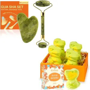 Jade Gua Sha and Face Roller & Dinosaur Bath Bombs Gift Set