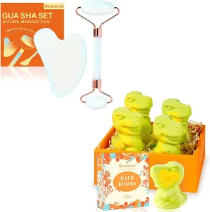 Jade Gua Sha and Face Roller & Dinosaur Bath Bombs Gift Set