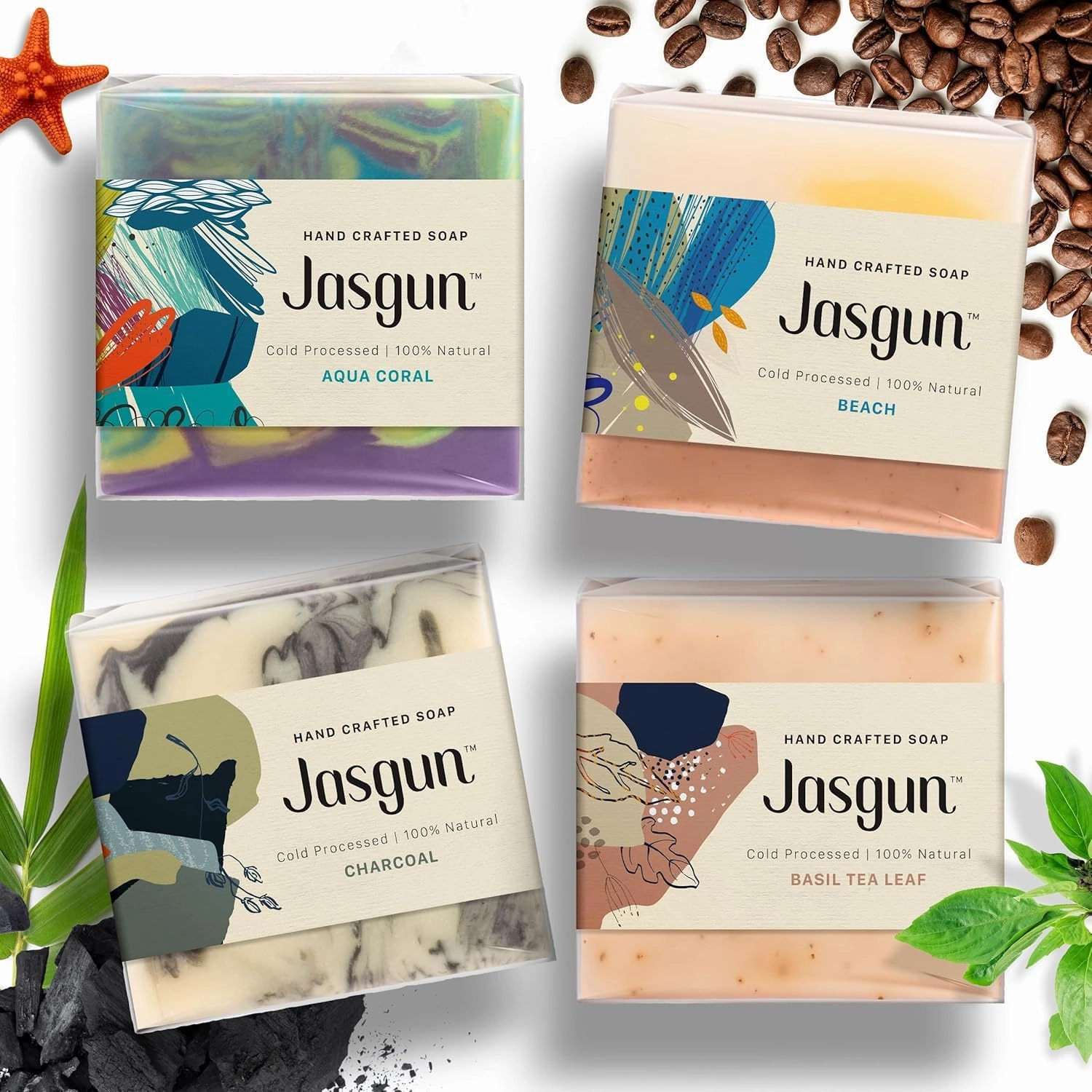 JAS...GUN Cold Processed Soap | Handcrafted with Coconut Oil | Exfoliates, Glowing Skin, Soothing Effect, Sulphate-Free, Vegan | Aqua Coral, Beach, Charcoal, Basil Tea Leaf - 120g x4 (Pack of 4)