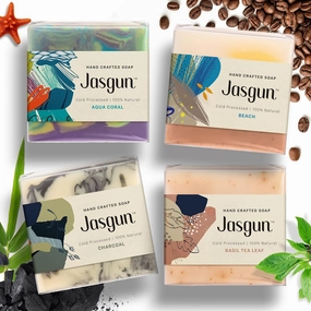 JAS...GUN Cold Processed Soap | Handcrafted with Coconut Oil | Exfoliates, Glowing Skin, Soothing Effect, Sulphate-Free, Vegan | Aqua Coral, Beach, Charcoal, Basil Tea Leaf - 120g x4 (Pack of 4)