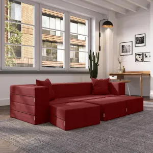 Jaxx Zipline Convertible Sleeper Sofa & Three Ottomans/California King-Size Bed, Textured Microvelvet - Berry Red