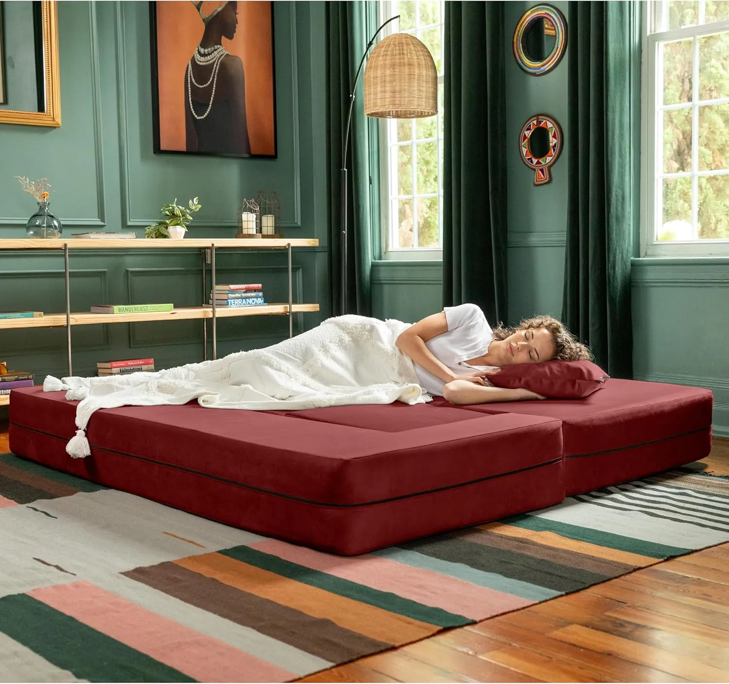 Jaxx Zipline Convertible Sleeper Sofa & Three Ottomans/California King-Size Bed, Textured Microvelvet - Berry Red