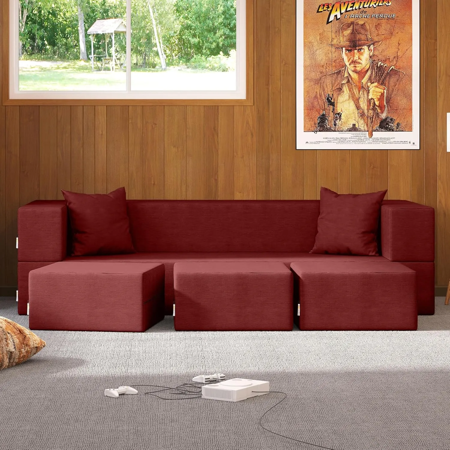 Jaxx Zipline Convertible Sleeper Sofa & Three Ottomans/California King-Size Bed, Textured Microvelvet - Berry Red
