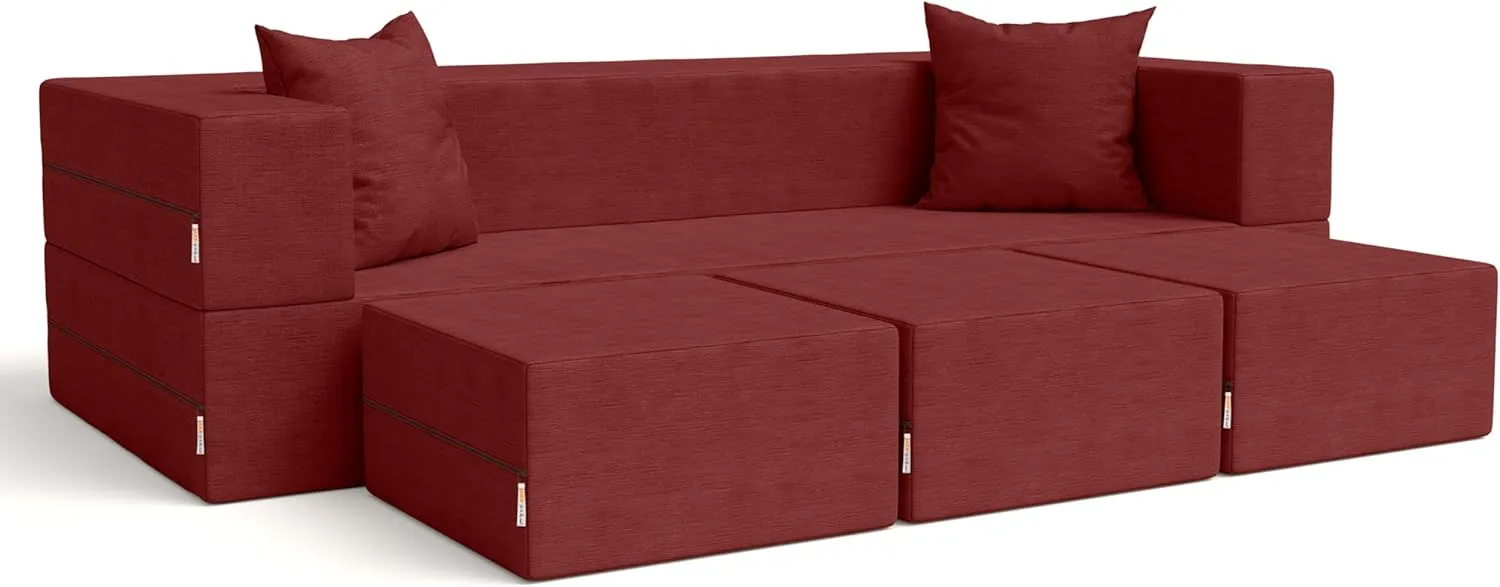 Jaxx Zipline Convertible Sleeper Sofa & Three Ottomans/California King-Size Bed, Textured Microvelvet - Berry Red