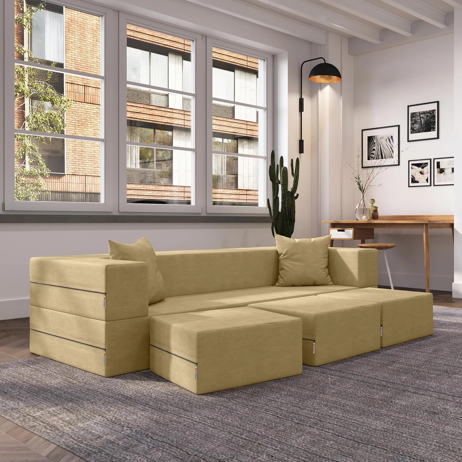 Jaxx Zipline Convertible Sleeper Sofa & Three Ottomans/California King-Size Bed, Textured Microvelvet - Camel