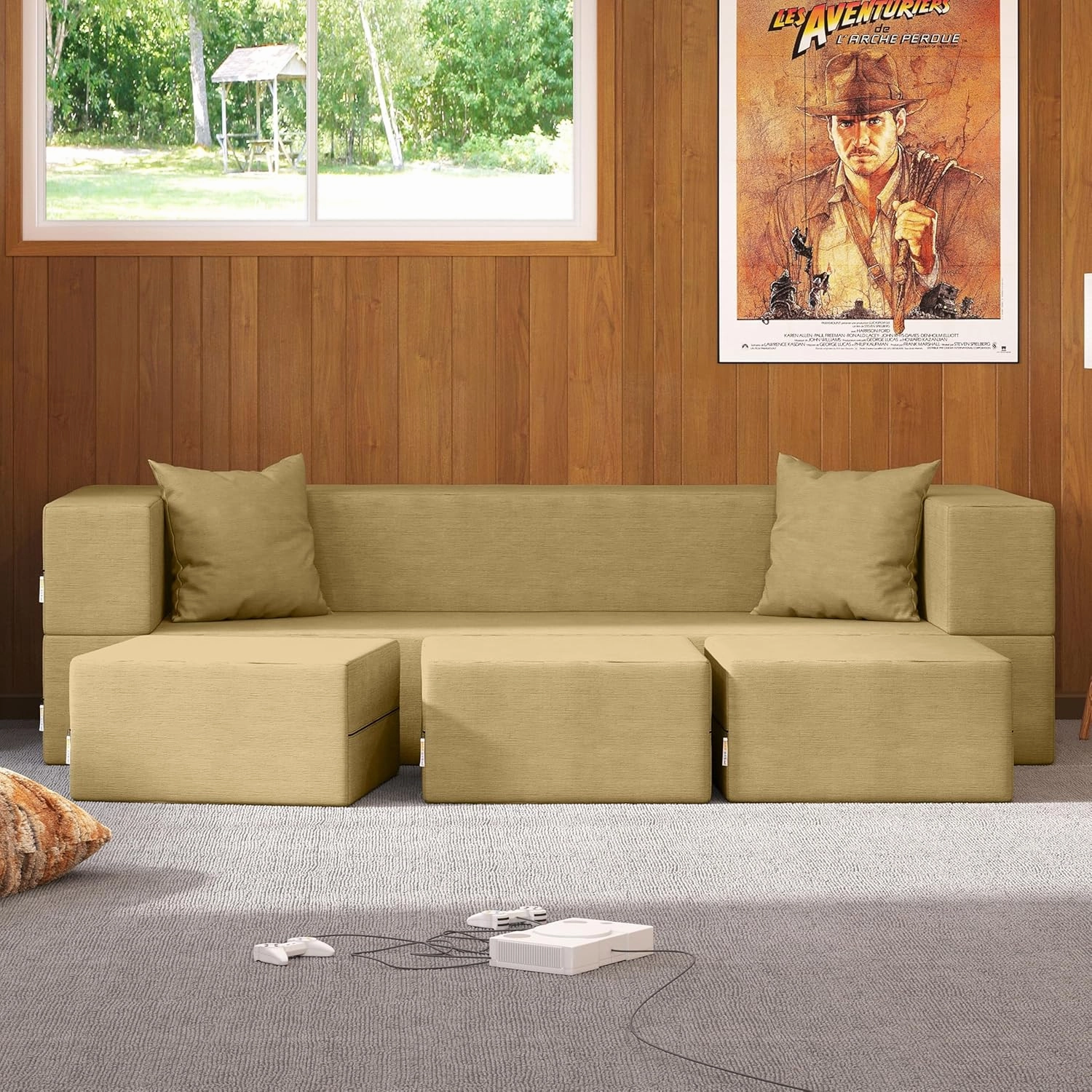Jaxx Zipline Convertible Sleeper Sofa & Three Ottomans/California King-Size Bed, Textured Microvelvet - Camel