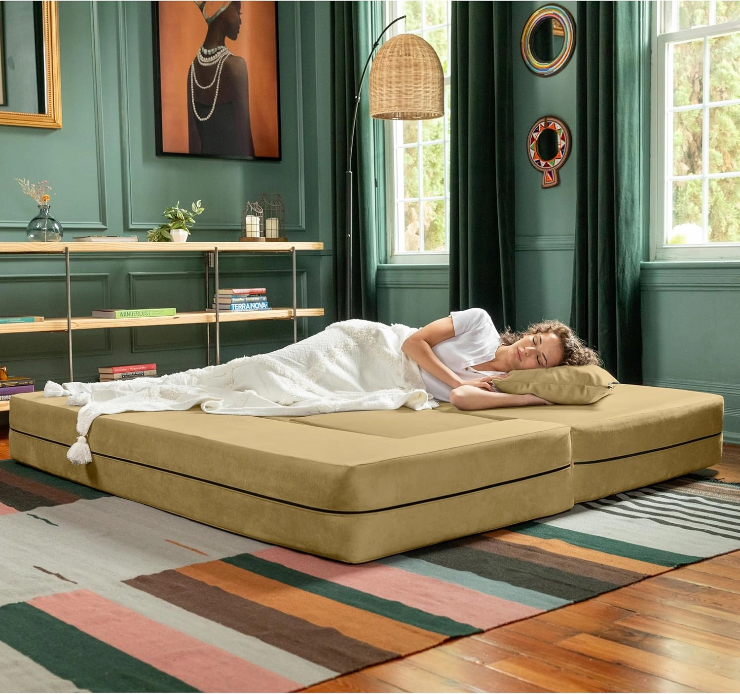 Jaxx Zipline Convertible Sleeper Sofa & Three Ottomans/California King-Size Bed, Textured Microvelvet - Camel