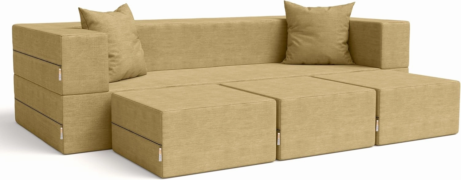 Jaxx Zipline Convertible Sleeper Sofa & Three Ottomans/California King-Size Bed, Textured Microvelvet - Camel