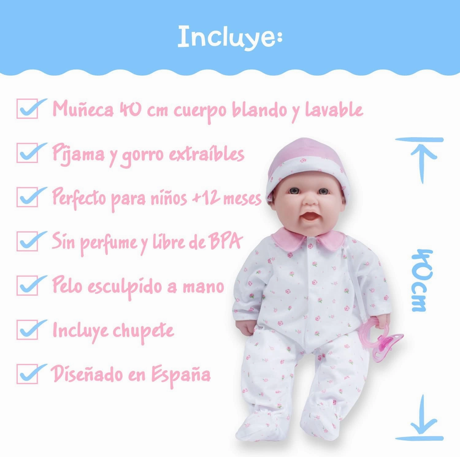 JC Toys - La Baby | Caucasian 16-inch Medium Soft Body Baby Doll | Washable | Removable Pink Outfit w/Hat and Pacifier | for Children 12 Months  