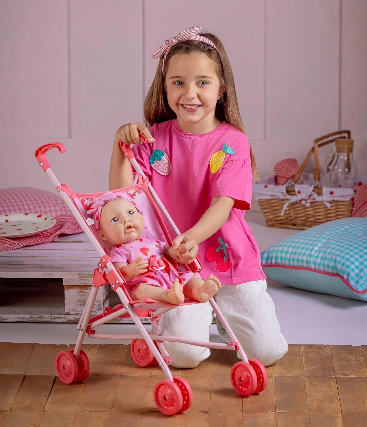 JC Toys | Missy Kissy | Folding Doll Stroller | Pink Strawberry Print | Ages 3 