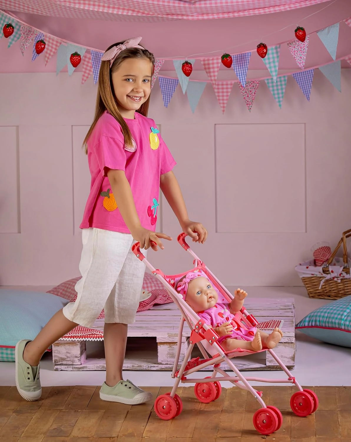JC Toys | Missy Kissy | Folding Doll Stroller | Pink Strawberry Print | Ages 3 