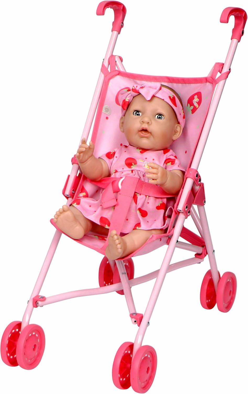JC Toys | Missy Kissy | Folding Doll Stroller | Pink Strawberry Print | Ages 3 