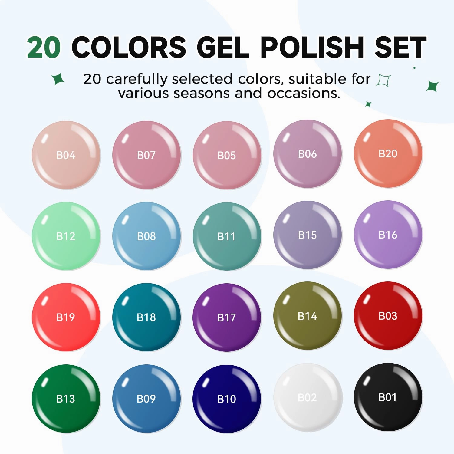 JODSONE Gel Nail Polish 20 Color Blue Red Matching Base Coat Glossy and Matte Top Coat 23 Bottles of 10ml Professional Nail Care Use