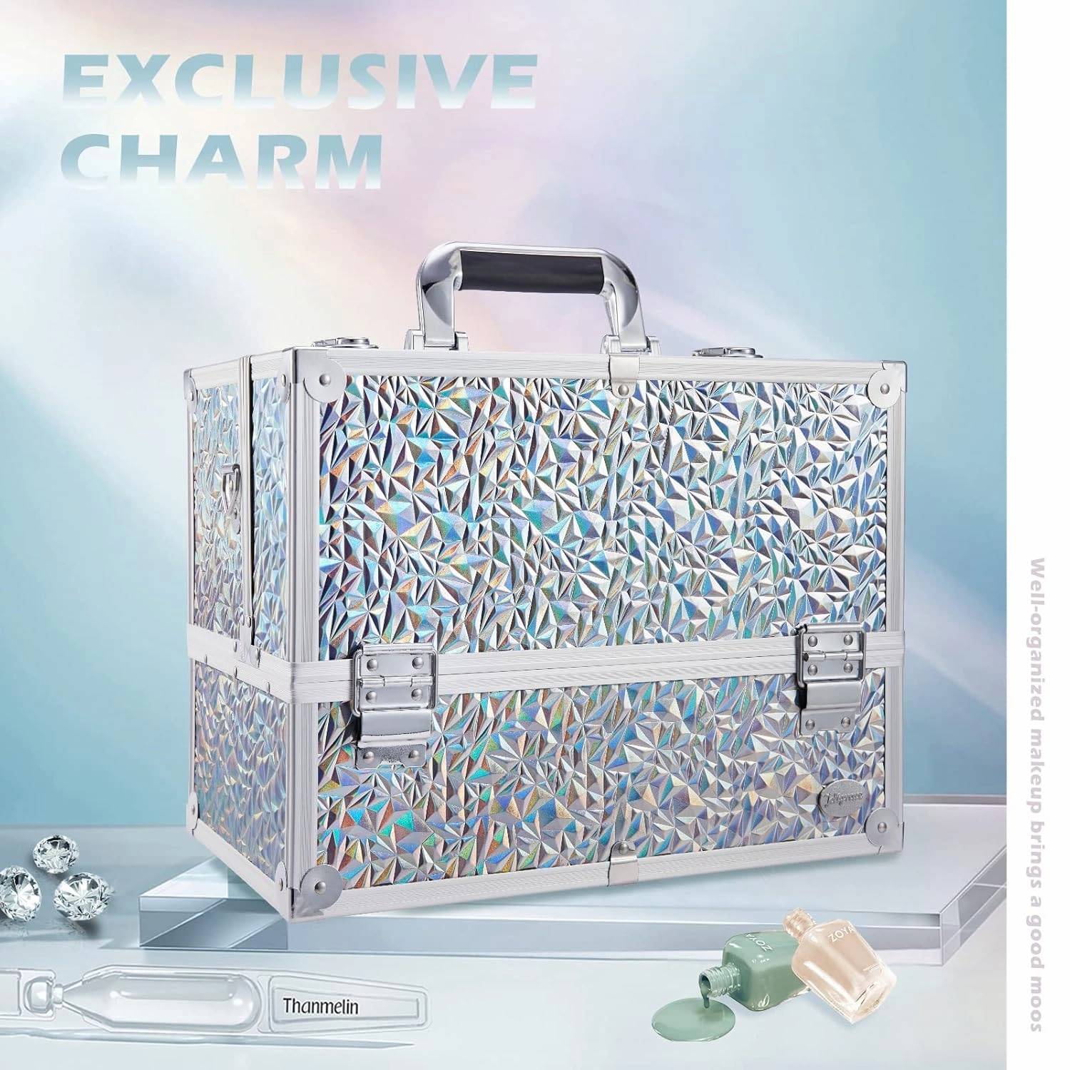 Joligrace Makeup Train Case Large 6 Tray Professional Organizer Box - Cosmetic Make Up Carrier with Lock & Key Carrying Strap for Studio Artist & Stylist Silver - Holographic Iridescent Style