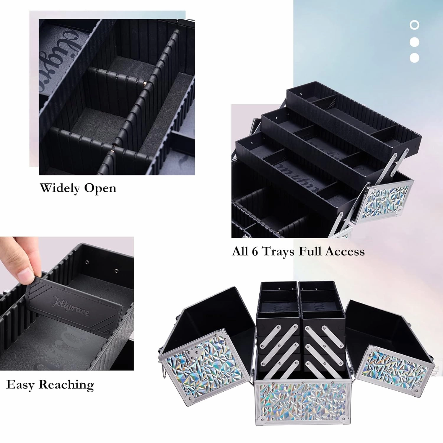 Joligrace Makeup Train Case Large 6 Tray Professional Organizer Box - Cosmetic Make Up Carrier with Lock & Key Carrying Strap for Studio Artist & Stylist Silver - Holographic Iridescent Style