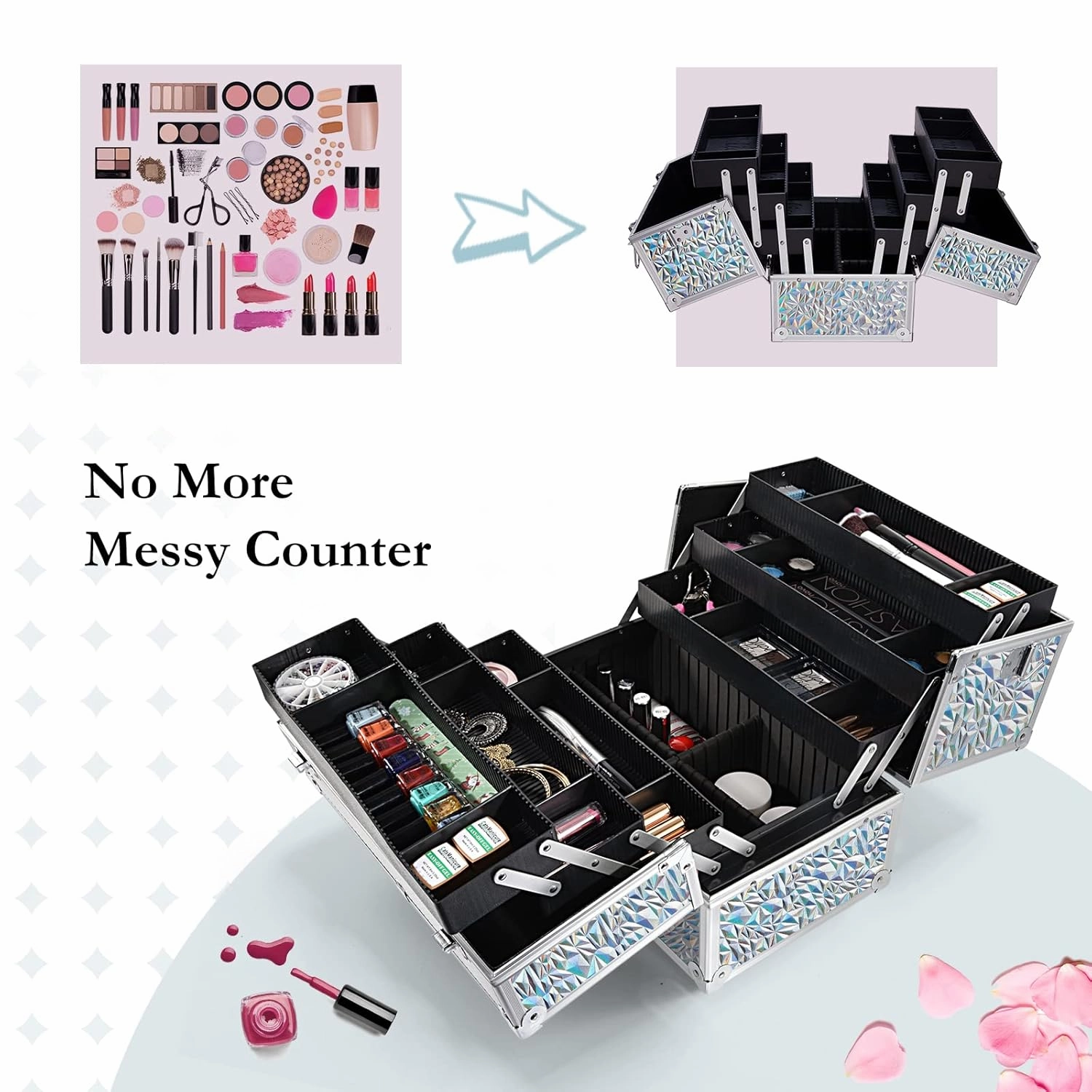 Joligrace Makeup Train Case Large 6 Tray Professional Organizer Box - Cosmetic Make Up Carrier with Lock & Key Carrying Strap for Studio Artist & Stylist Silver - Holographic Iridescent Style
