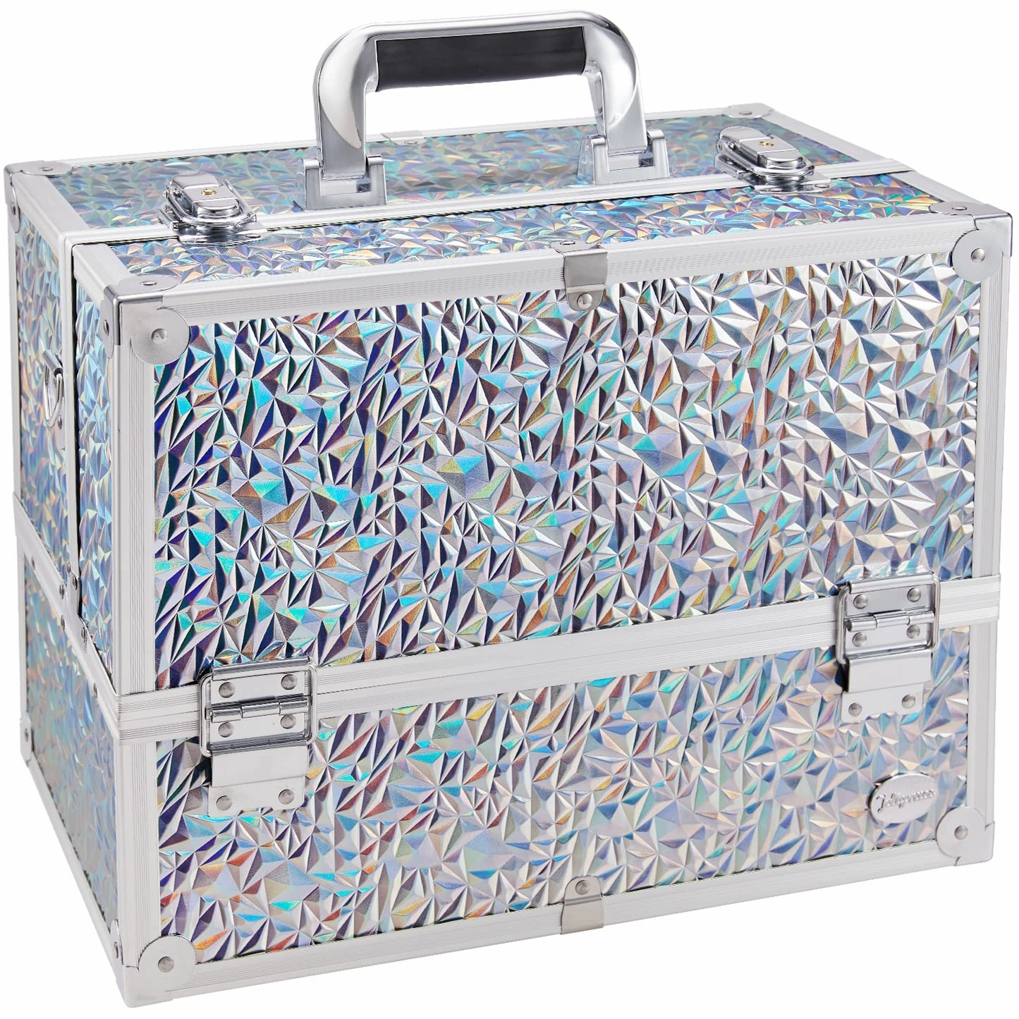 Joligrace Makeup Train Case Large 6 Tray Professional Organizer Box - Cosmetic Make Up Carrier with Lock & Key Carrying Strap for Studio Artist & Stylist Silver - Holographic Iridescent Style