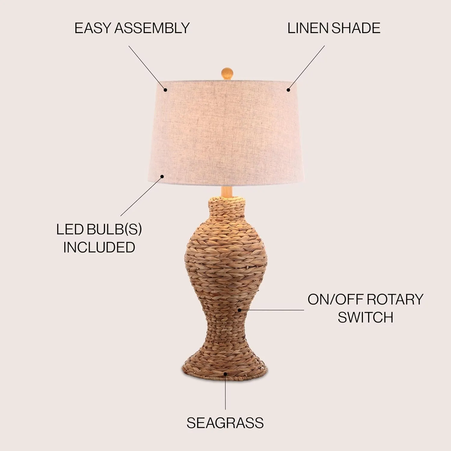 JONATHAN Y JYL1015A Elicia 31" Seagrass Weave LED Table Lamp Coastal Cottage Bedside Desk Nightstand Lamp for Bedroom Living Room Office College Bookcase LED Bulb Included, Natural