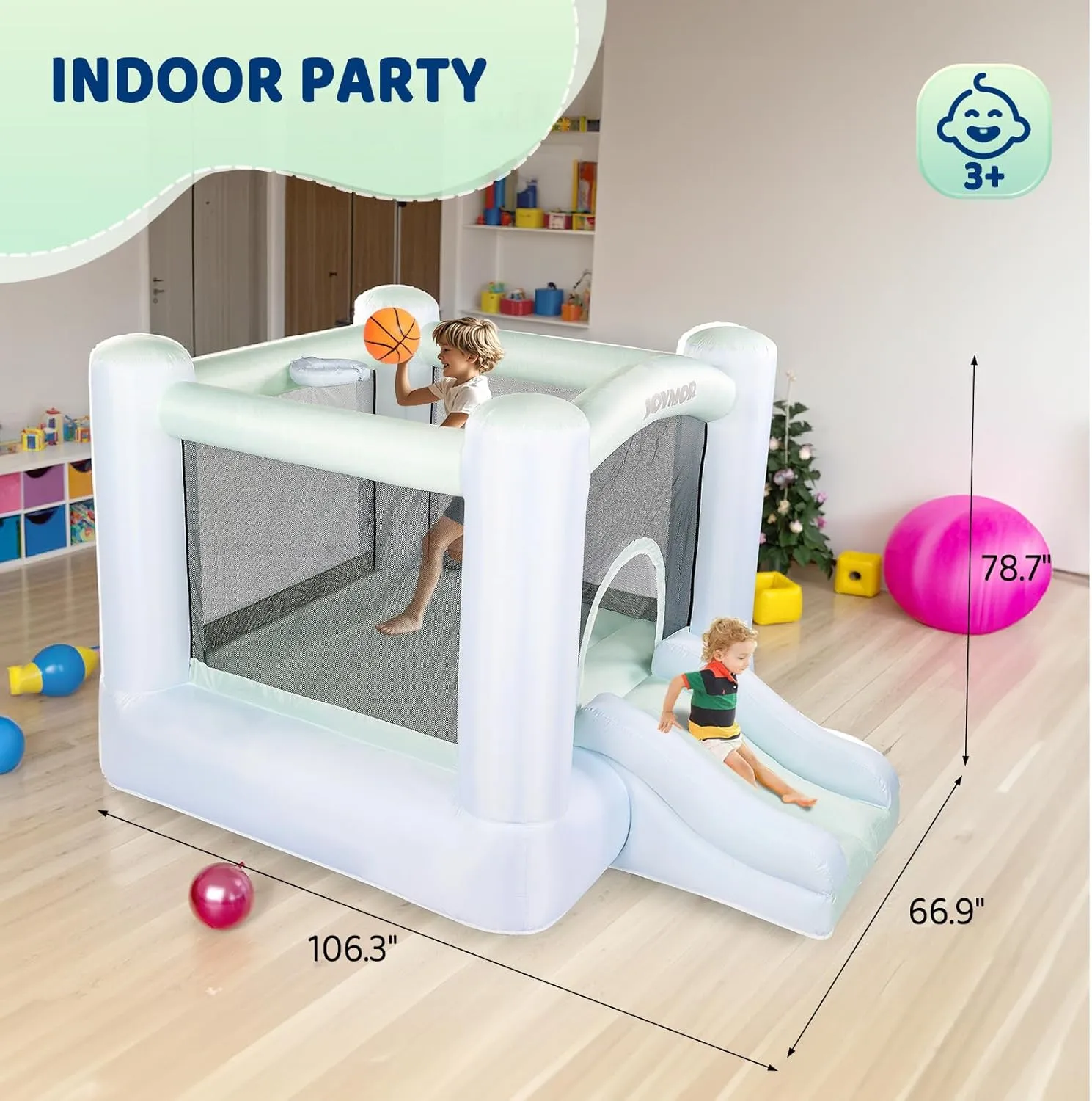 JOYMOR Grandient Style 3-in-1 Bounce House for Kids 3-6 w/Basketball Hoop, Slide, Kids 30s Blow Up Small Bounce House with Blower for Toddlers Indoor Outdoor Party