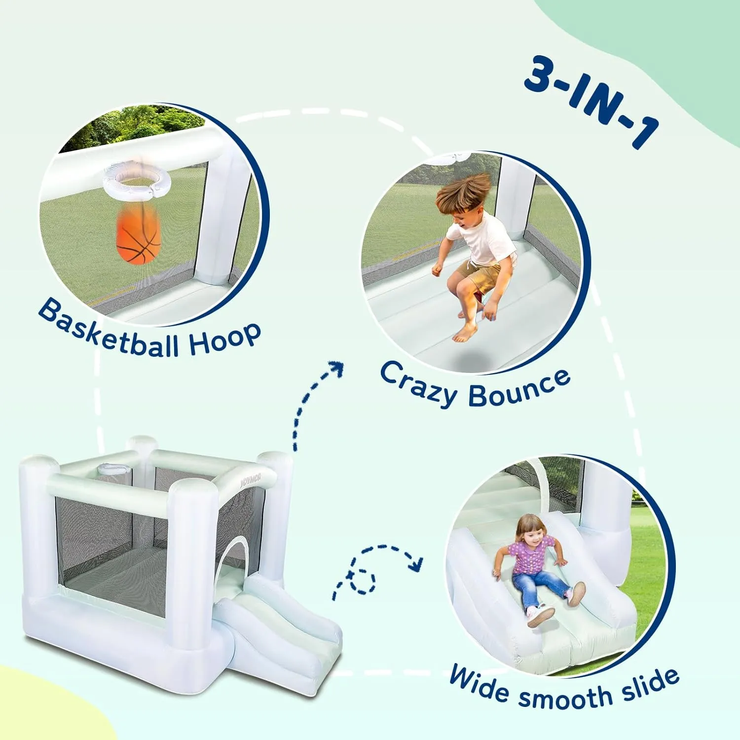 JOYMOR Grandient Style 3-in-1 Bounce House for Kids 3-6 w/Basketball Hoop, Slide, Kids 30s Blow Up Small Bounce House with Blower for Toddlers Indoor Outdoor Party