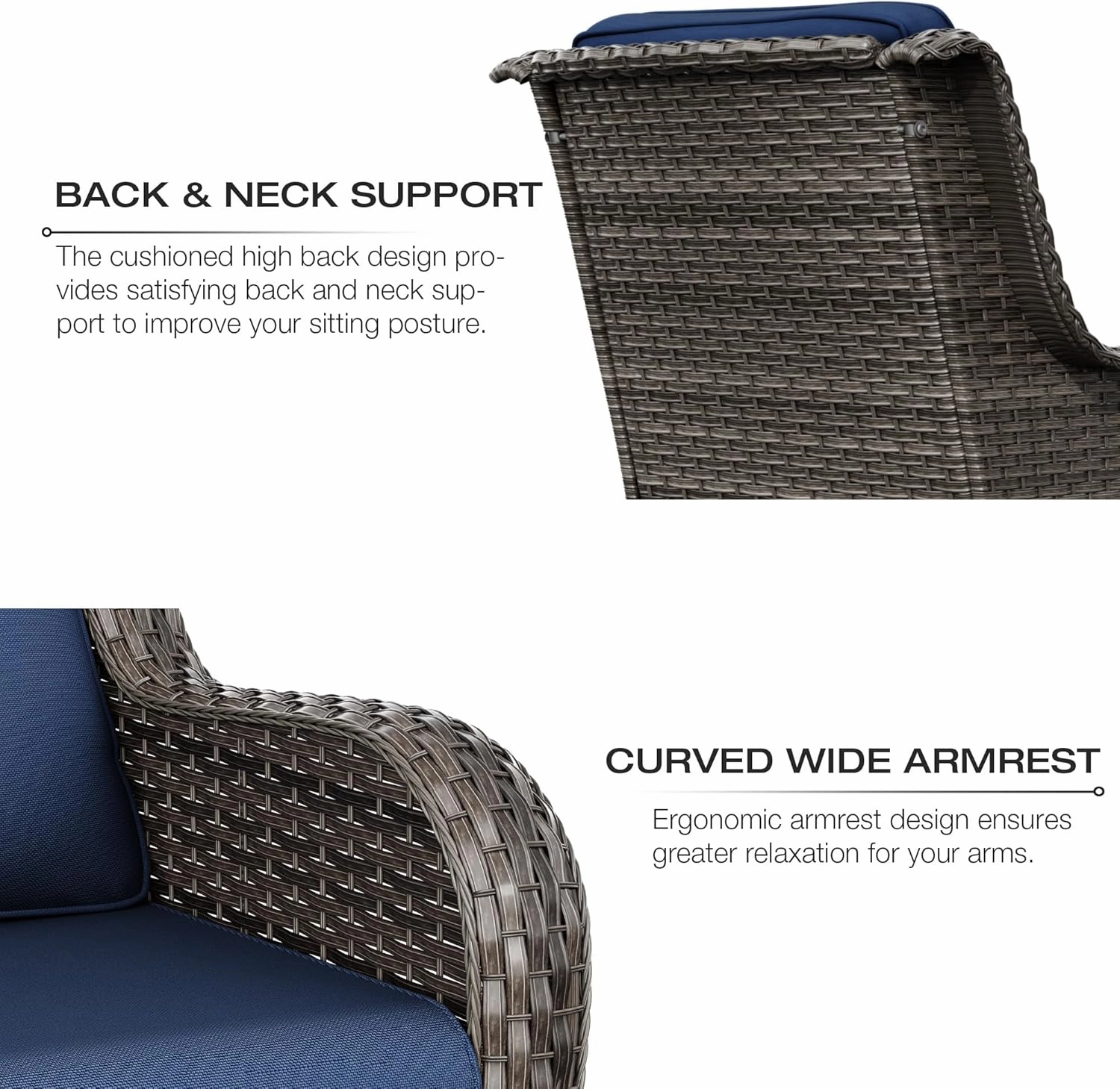 Joyside Patio Furniture Set 5-Piece Wicker Outdoor Furniture Conversational Set with 3-Seat Sofa, 2 Armchairs, 2 Ottoman Patio Rattan Wicker Sectional Sofa Set with Olefin Cushions(Mixed Grey/Blue)