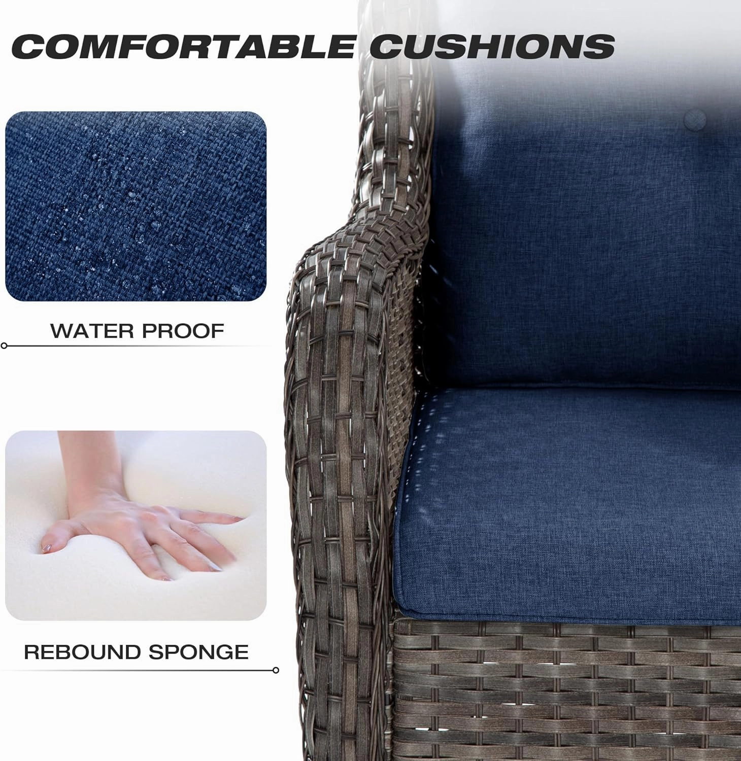 Joyside Patio Furniture Set 5-Piece Wicker Outdoor Furniture Conversational Set with 3-Seat Sofa, 2 Armchairs, 2 Ottoman Patio Rattan Wicker Sectional Sofa Set with Olefin Cushions(Mixed Grey/Blue)