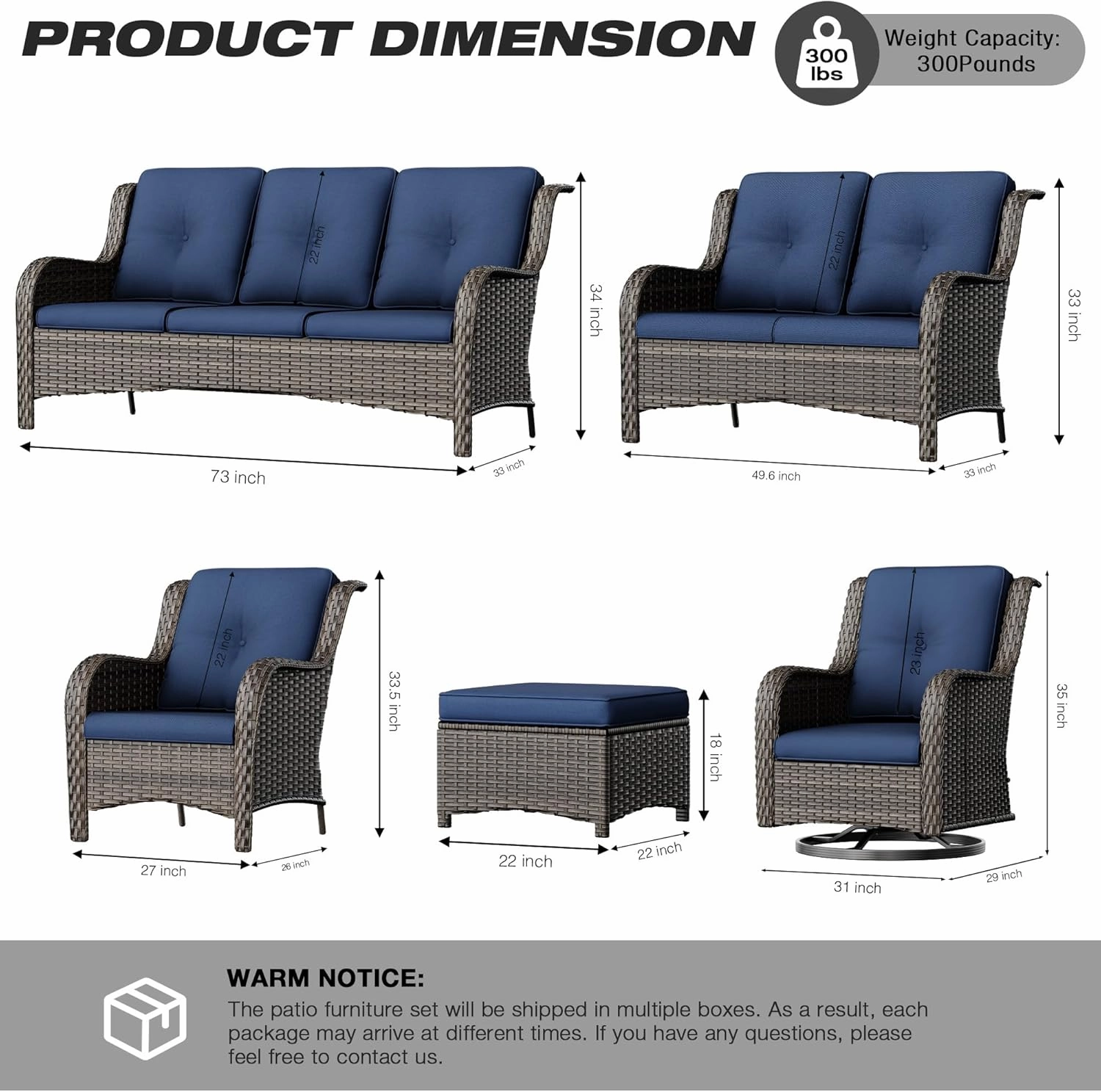 Joyside Patio Furniture Set 5-Piece Wicker Outdoor Furniture Conversational Set with 3-Seat Sofa, 2 Armchairs, 2 Ottoman Patio Rattan Wicker Sectional Sofa Set with Olefin Cushions(Mixed Grey/Blue)