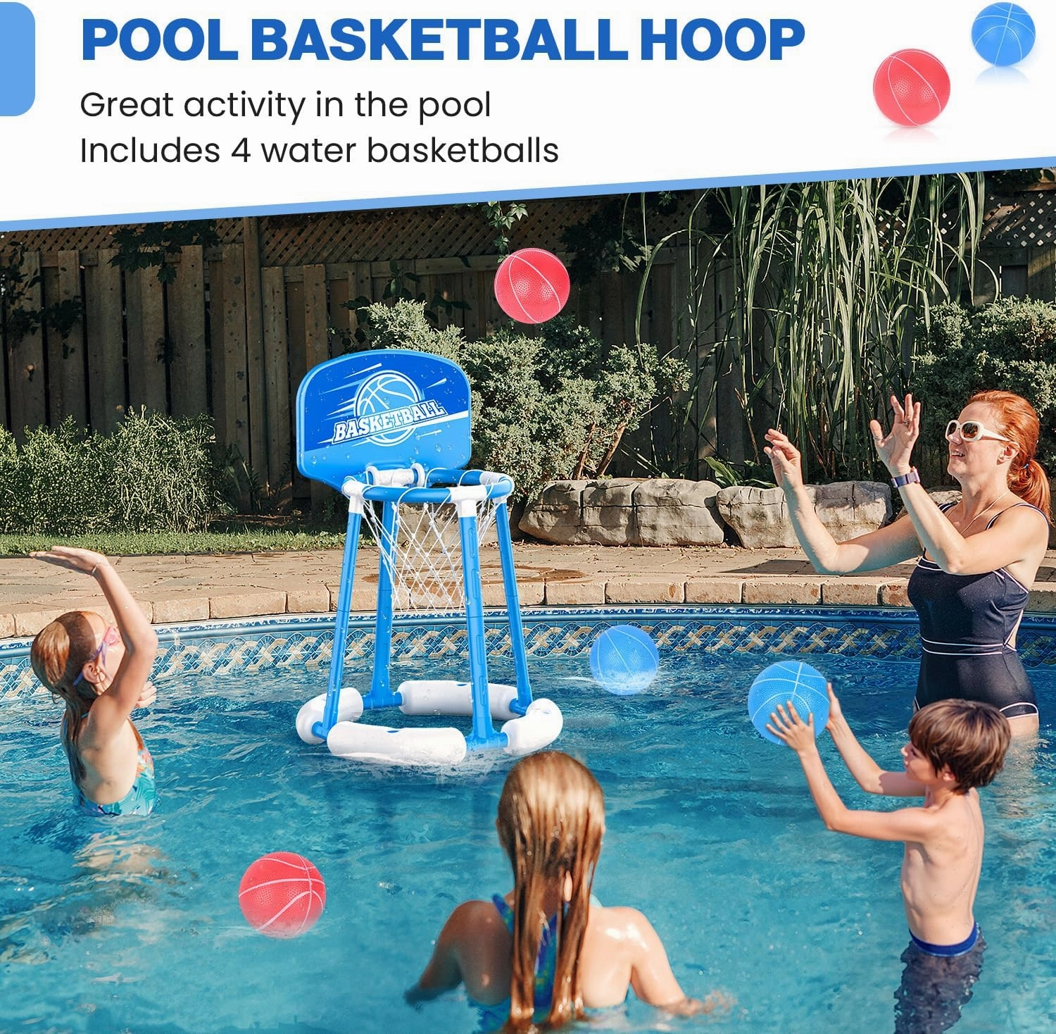 JUANCHI Floating Basketball Hoop for Pool, Poolside Basketball Hoop with Backboard, 4 Basketballs, Fun Swimming Pool Toys for Kids Ages 4-8, 8-12, Family Pool Float Games & Water Basketball Set