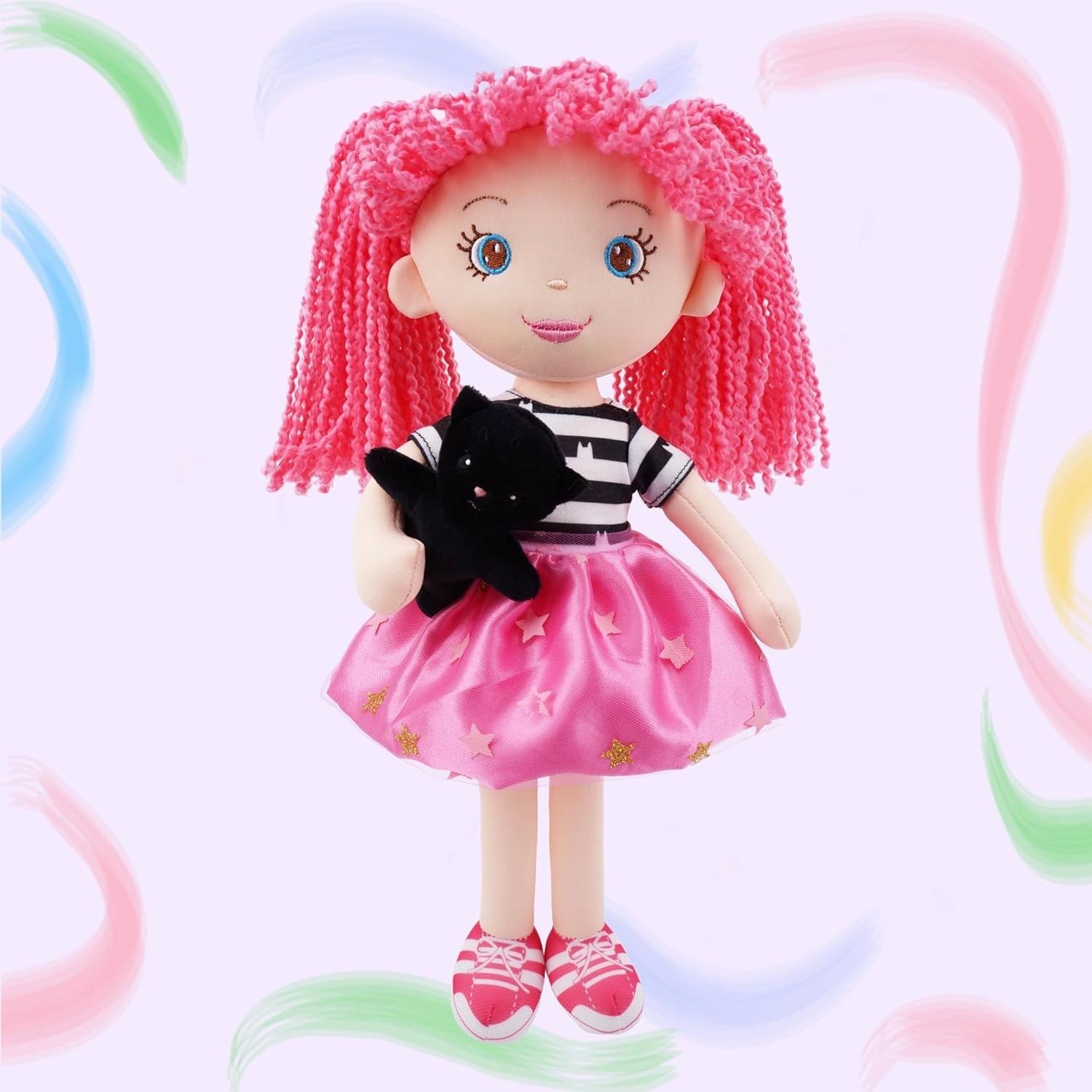 June Garden 15" Playmate Buddies - Plush Doll Ruby with Her Stuffed Animal Companion Kitty Midnight for Kids 1 Year and Up