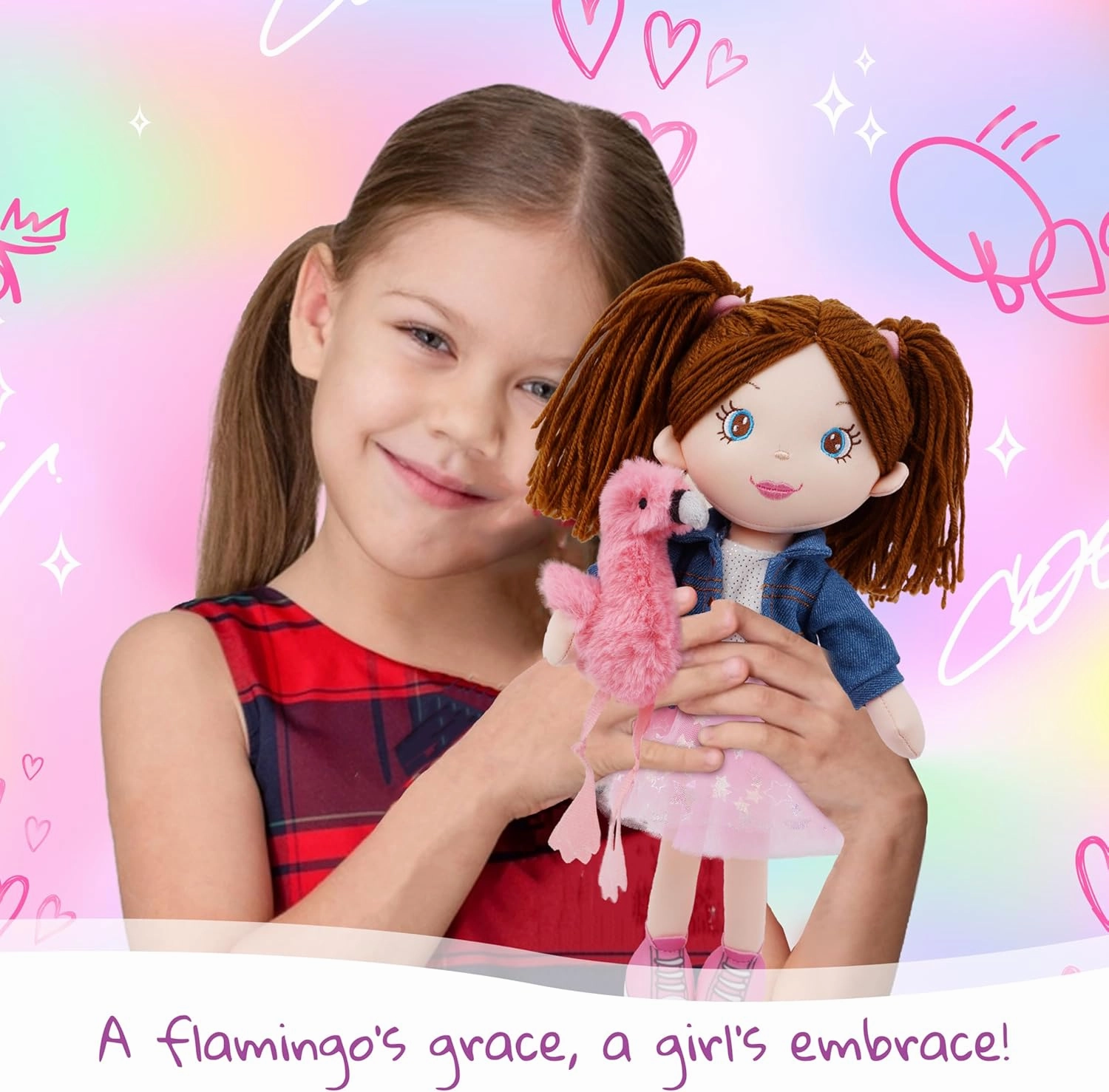 June Garden 15" Playmate Buddies - Plush Doll Ruby with Her Stuffed Animal Companion Kitty Midnight for Kids 1 Year and Up