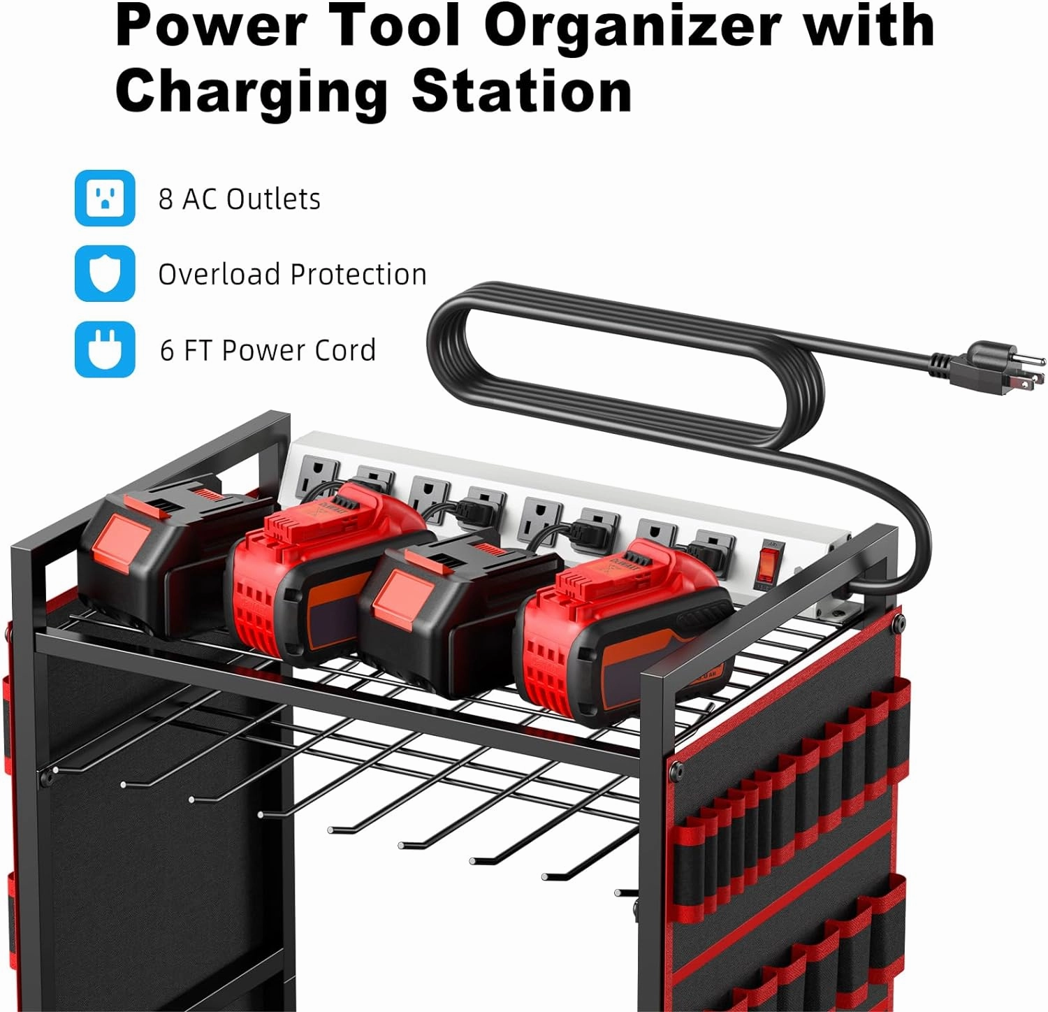 JUNNUJ Large Power Tool Organizer Cart with Charging Station, Garage Floor Standing Rolling Drill and Tools Battery Storage Cart on Wheels, Heavy Duty Utility Rack with 8 Outlet 10 FT Power Strip, Red