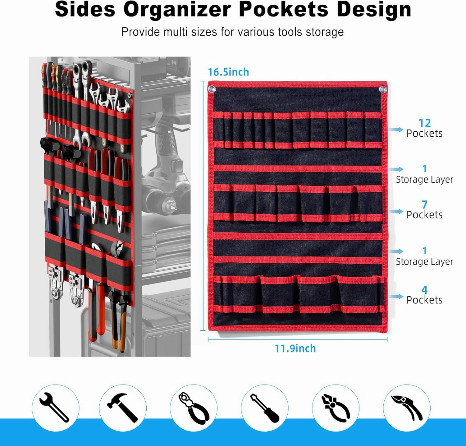 JUNNUJ Large Power Tool Organizer Cart with Charging Station, Garage Floor Standing Rolling Drill and Tools Battery Storage Cart on Wheels, Heavy Duty Utility Rack with 8 Outlet 10 FT Power Strip, Red