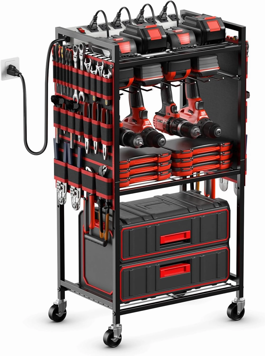 JUNNUJ Large Power Tool Organizer Cart with Charging Station, Garage Floor Standing Rolling Drill and Tools Battery Storage Cart on Wheels, Heavy Duty Utility Rack with 8 Outlet 10 FT Power Strip, Red