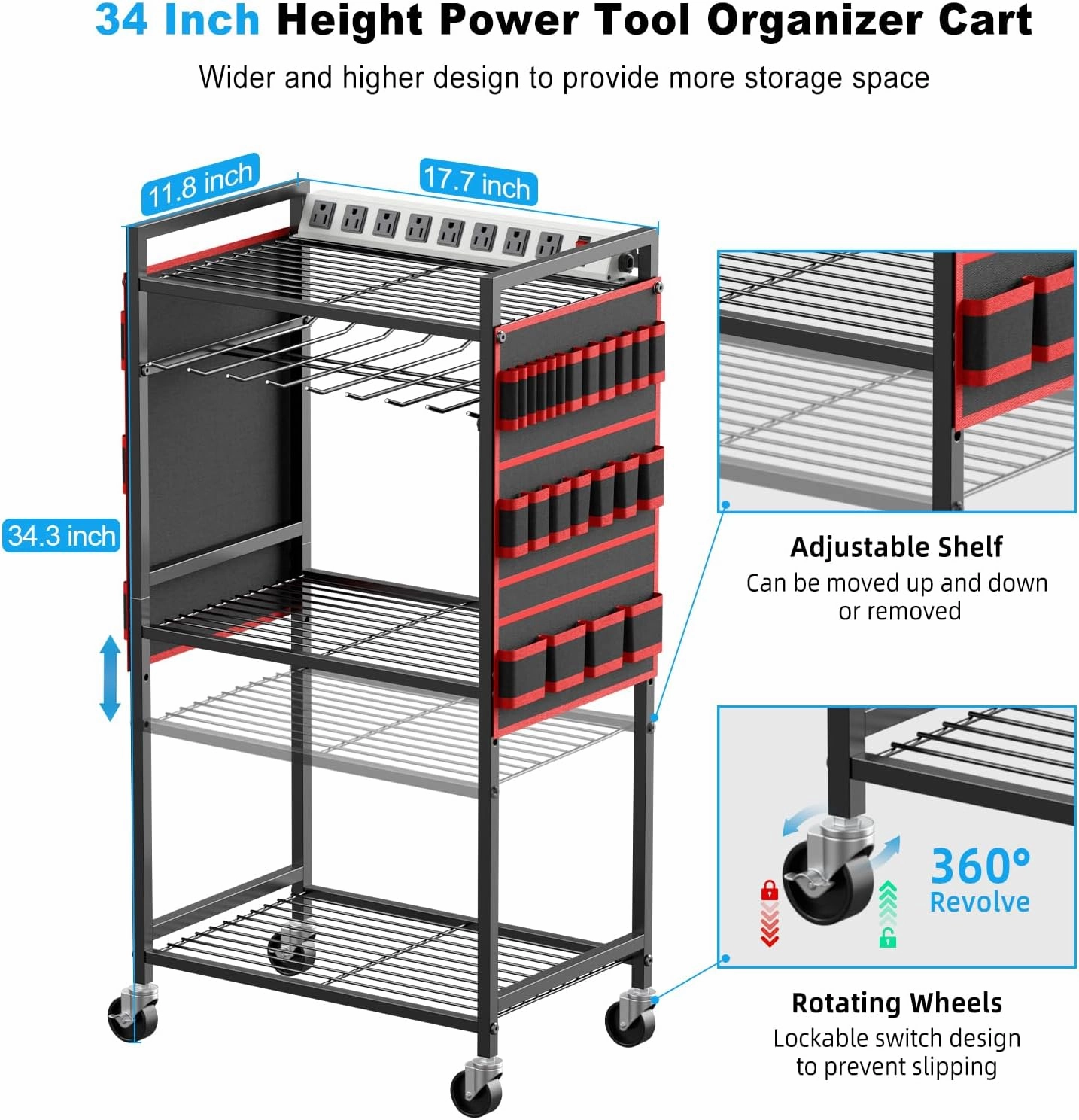 JUNNUJ Large Power Tool Organizer Cart with Charging Station, Garage Floor Standing Rolling Drill and Tools Battery Storage Cart on Wheels, Heavy Duty Utility Rack with 8 Outlet 10 FT Power Strip, Red