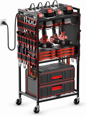 JUNNUJ Large Power Tool Organizer Cart with Charging Station, Garage Floor Standing Rolling Drill and Tools Battery Storage Cart on Wheels, Heavy Duty Utility Rack with 8 Outlet 10 FT Power Strip, Red