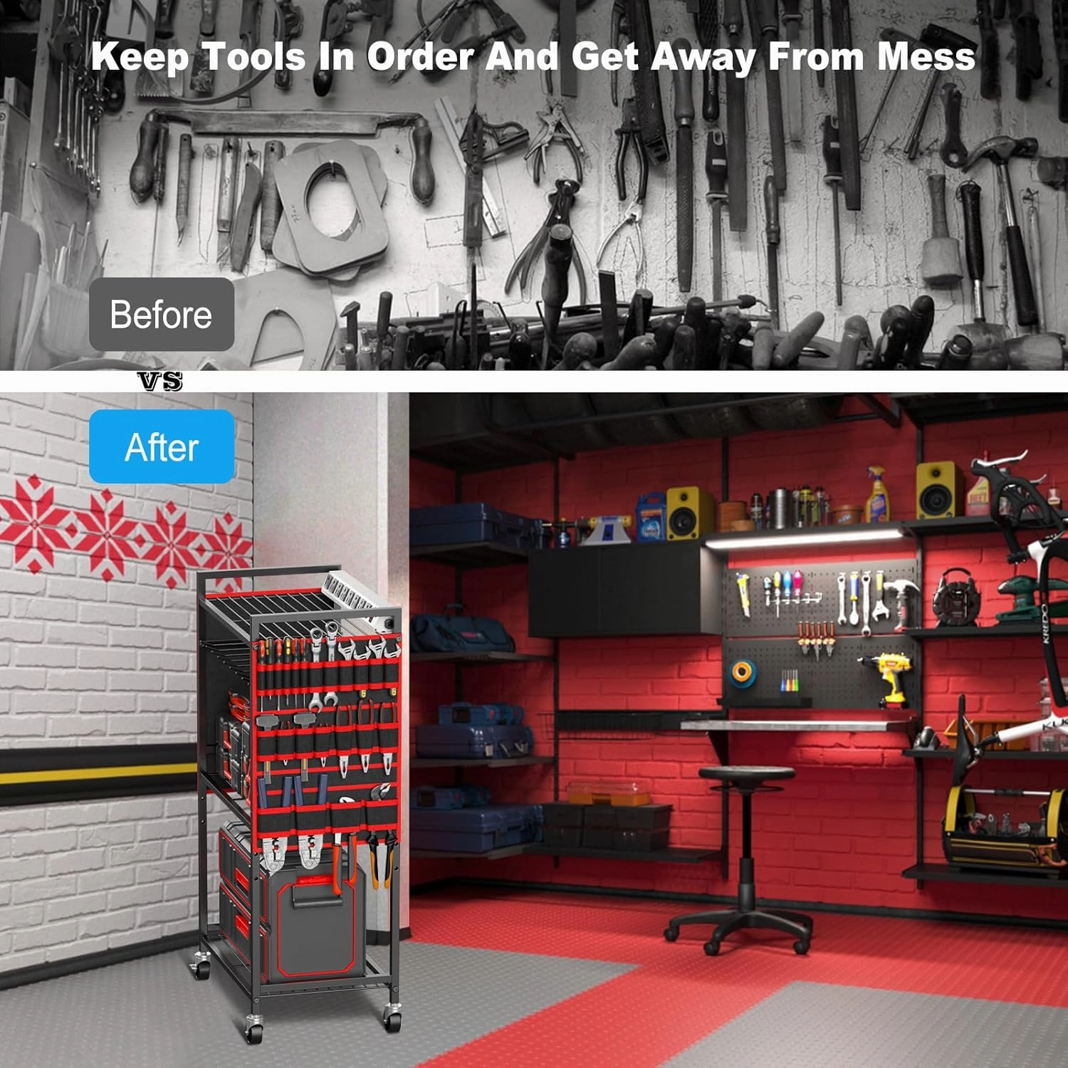 JUNNUJ Large Power Tool Organizer Cart with Charging Station, Garage Floor Standing Rolling Drill and Tools Battery Storage Cart on Wheels, Heavy Duty Utility Rack with 8 Outlet 10 FT Power Strip, Red