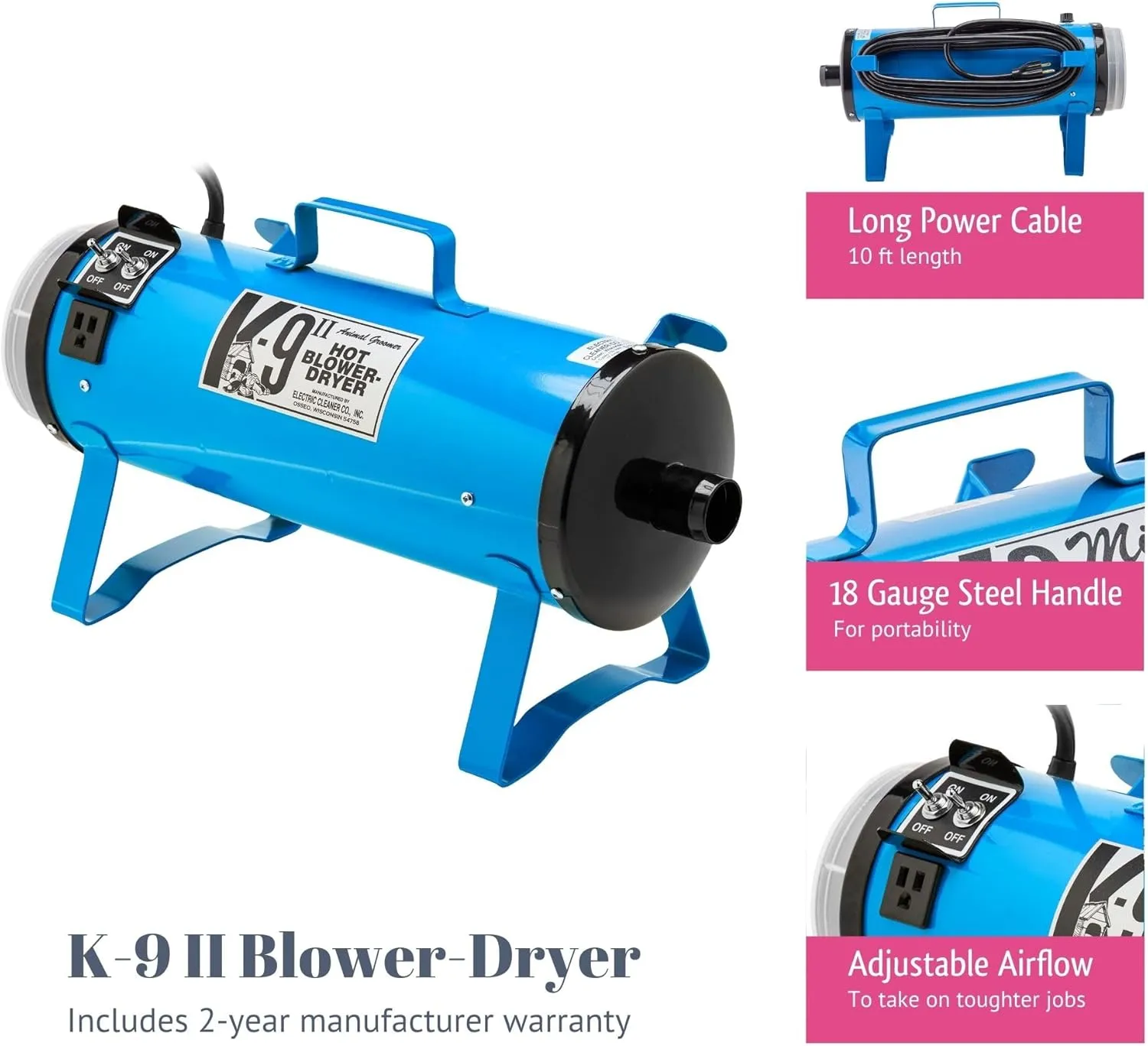 K9 II Dog Blow Dryer - High Power Grooming Dryer, Heavy Duty, 10' Hose, Deshedding, Hunter Green