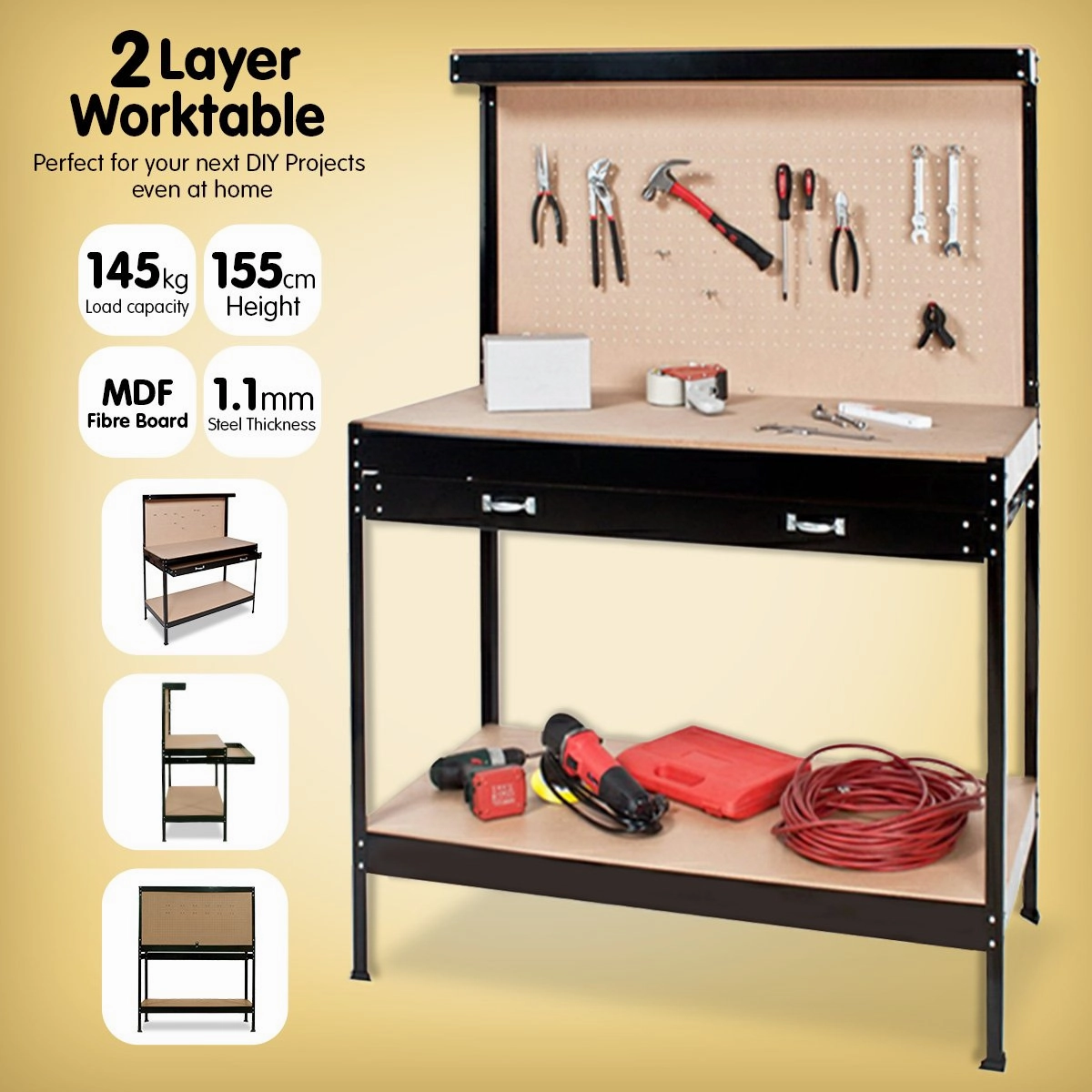 Kartrite Heavy-Duty Workbench with Pegboard Drawer and Shelf Storage