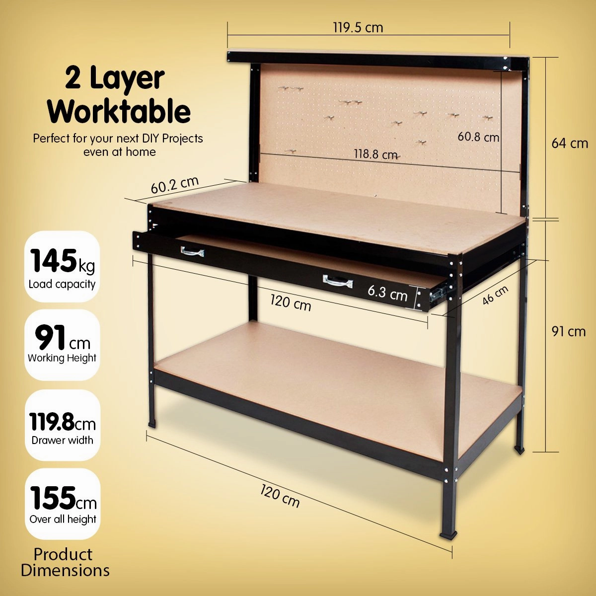 Kartrite Heavy-Duty Workbench with Pegboard Drawer and Shelf Storage