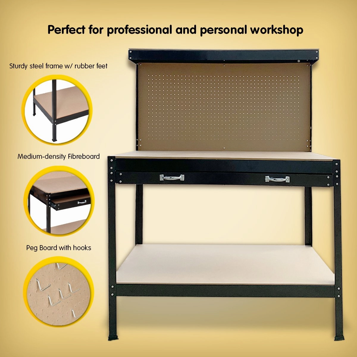 Kartrite Heavy-Duty Workbench with Pegboard Drawer and Shelf Storage