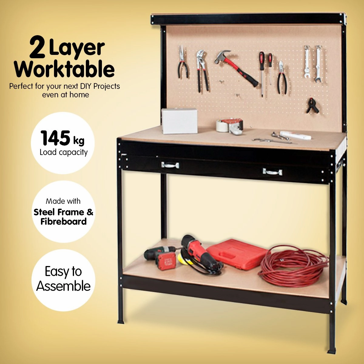 Kartrite Heavy-Duty Workbench with Pegboard Drawer and Shelf Storage