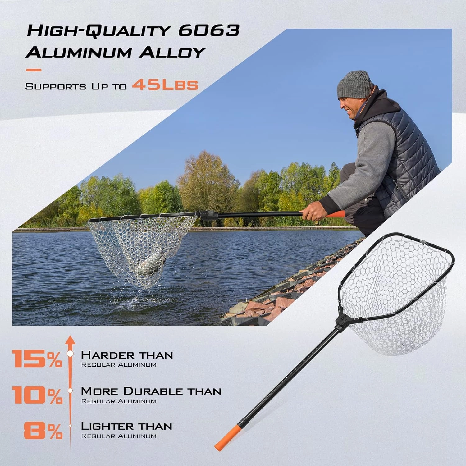 KastKing Brutus Fishing Net, Foldable Extendable Fish Landing Net, Lightweight & Portable Fishing Net with Soft EVA Foam Handle, Holds up to 44lbs/20KG, Fish-Friendly Mesh for a Safe Release