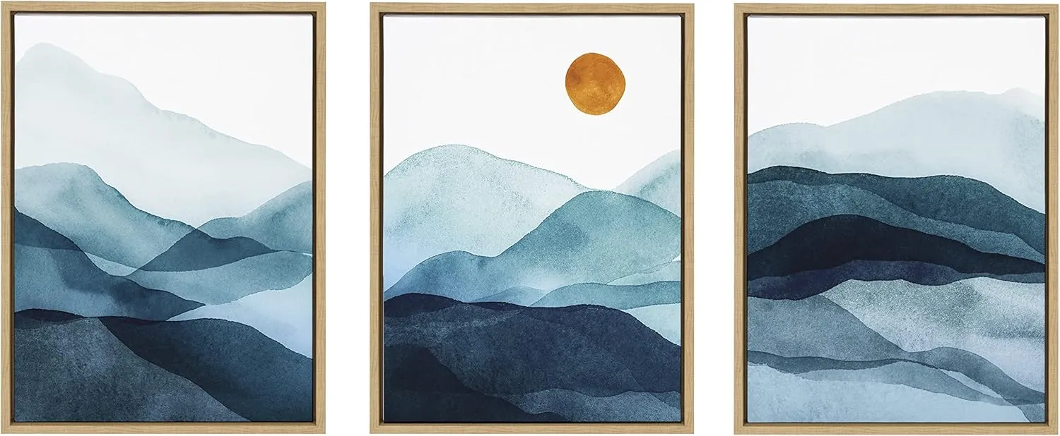 Kate and Laurel Sylvie Blue Mountain Range Framed Canvas Wall Art Set by Amy Lighthall, Set of 3, 18x24 Natural, Decorative Landscape Art for Wall