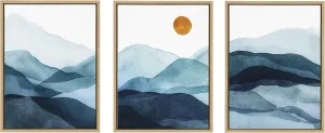 Kate and Laurel Sylvie Blue Mountain Range Framed Canvas Wall Art Set by Amy Lighthall, Set of 3, 18x24 Natural, Decorative Landscape Art for Wall